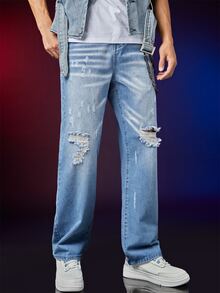 Manfinity Hombres Jeans rotos de pierna recta con lavado - Lavado ligero - Ver 7