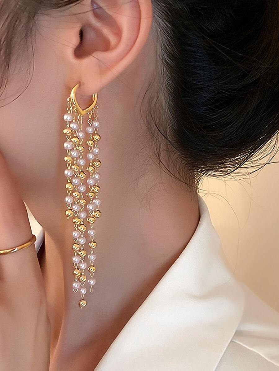 Andkiss 假珍珠流蘇裝飾耳環 - 金黃色 - 查看 1