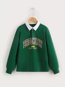 SHEIN Cậu bé Tween Đồ họa Chữ cái Cổ áo tương phản Áo polo - Màu xanh lá cây đậm - Xem 1