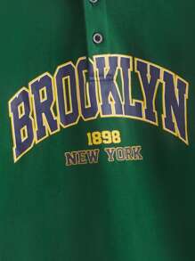 SHEIN Cậu bé Tween Đồ họa Chữ cái Cổ áo tương phản Áo polo - Màu xanh lá cây đậm - Xem 4