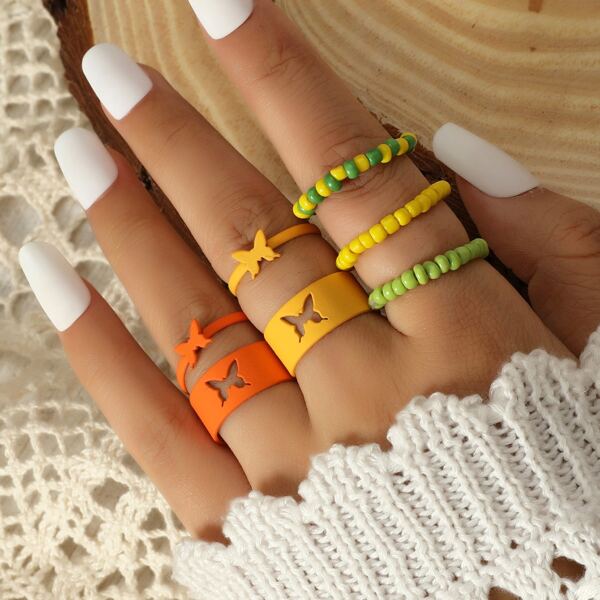 

7pcs Butterfly Decor Beaded Ring, Multicolor