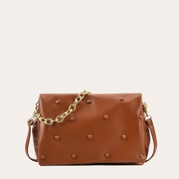 

Button Decor Chain Square Bag, Brown