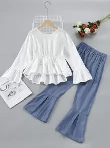 SHEIN Bộ hai mảnh Gái Nút Cao thấp Viên lá sen màu trơn Ăn mặc đẹp - Xanh và trắng - Xem 1