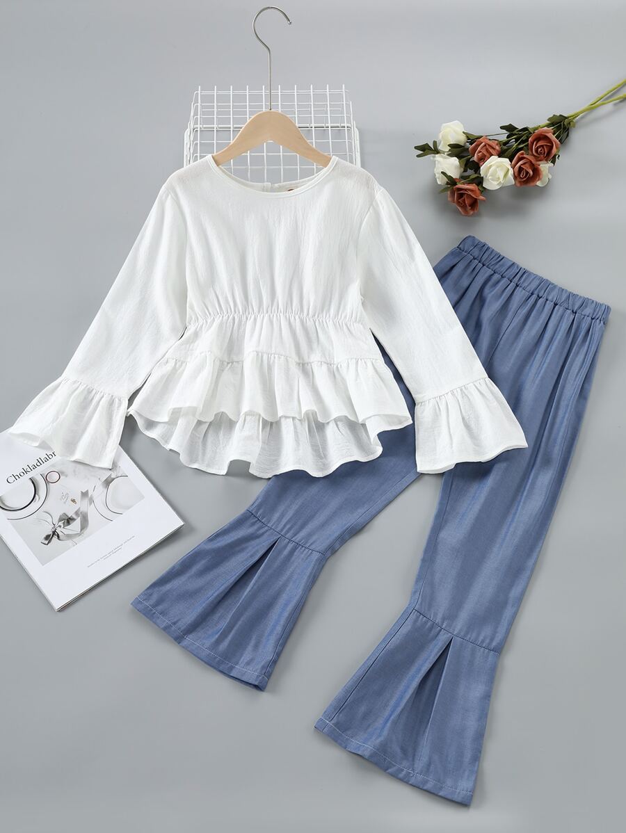 SHEIN Bộ hai mảnh Gái Nút Cao thấp Viên lá sen màu trơn Ăn mặc đẹp - Xanh và trắng - Xem 1