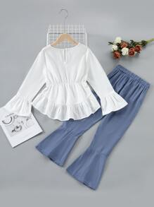 SHEIN Bộ hai mảnh Gái Nút Cao thấp Viên lá sen màu trơn Ăn mặc đẹp - Xanh và trắng - Xem 2