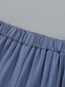 SHEIN Bộ hai mảnh Gái Nút Cao thấp Viên lá sen màu trơn Ăn mặc đẹp - Xanh và trắng - Xem 8