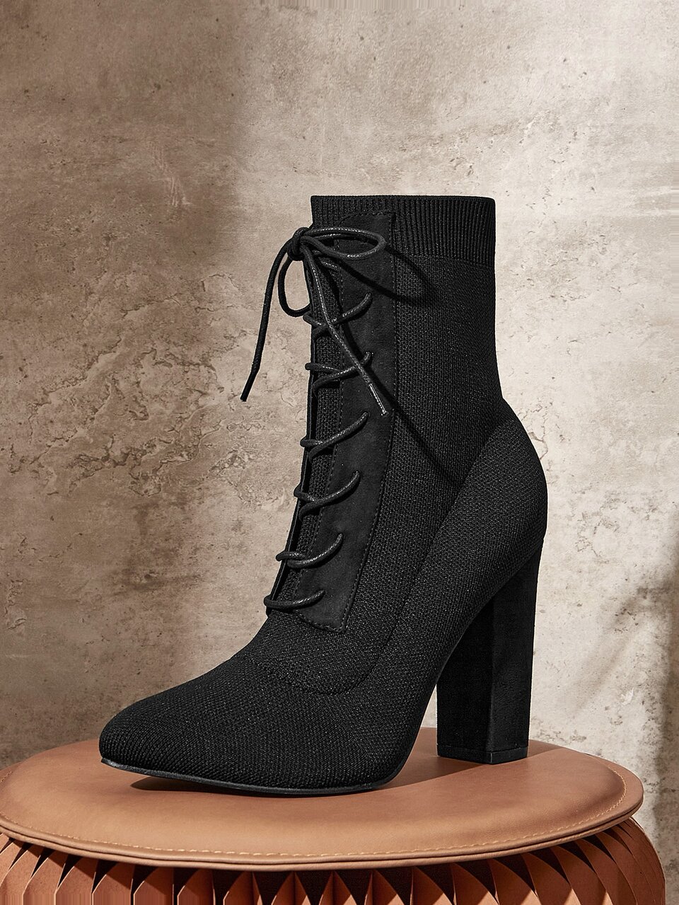 CUCCOO BASICS Women Shoes Knit Detail Classic Black Lace-Up Front Boots Vacation Shoes Summer For Spring Spring Break Easter For Christmas