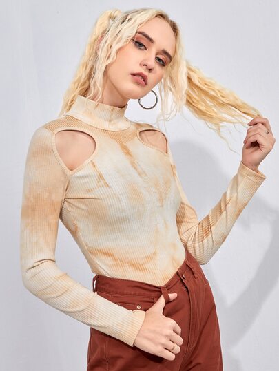 ROMWE Tie Dye Cut Out Ribbed Tee