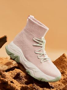 Sock Design Knit Lace-up Sneakers - Pink - View 7