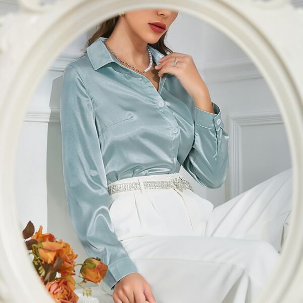 

Solid Button Front Blouse, Mint green