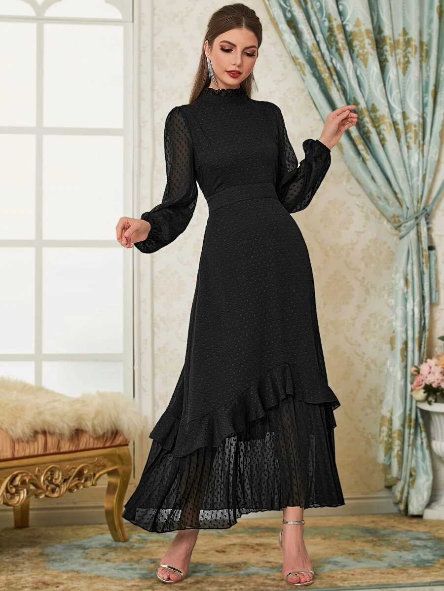 Vestido de lunares ribete fruncido bajo con fruncido - Negro - Ver 1