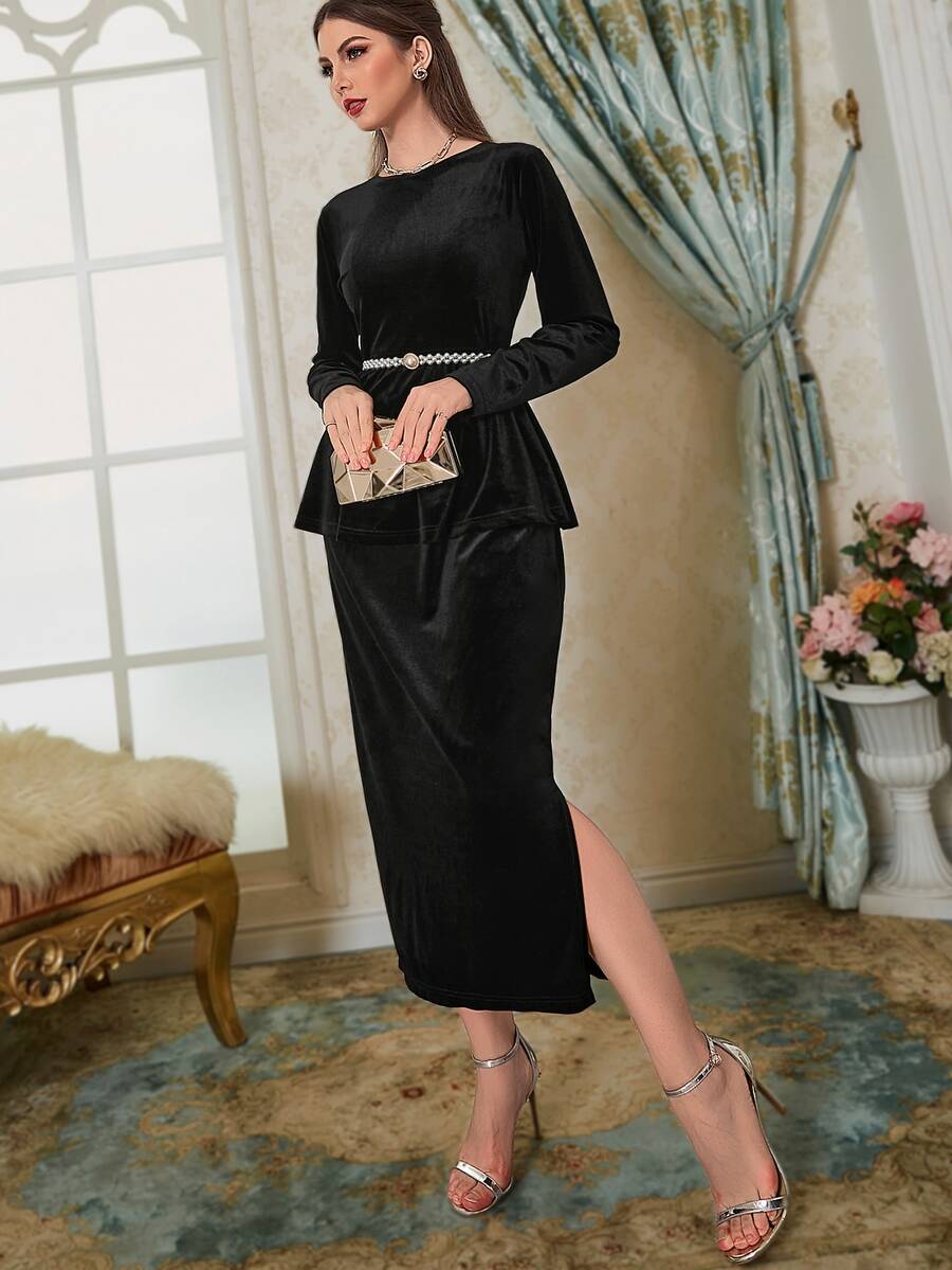 Modelyn Peplum Velvet Top & Split Hem Skirt - Black - View 1