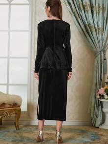 Modelyn Peplum Velvet Top & Split Hem Skirt - Black - View 2