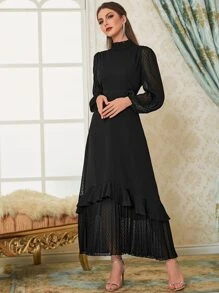 Vestido de lunares ribete fruncido bajo con fruncido - Negro - Ver 3