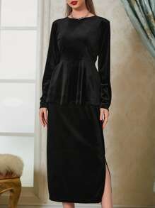 Modelyn Peplum Velvet Top & Split Hem Skirt - Black - View 3