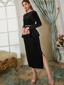 Modelyn Peplum Velvet Top & Split Hem Skirt - Black - View 4