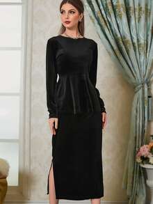 Modelyn Peplum Velvet Top & Split Hem Skirt - Black - View 5