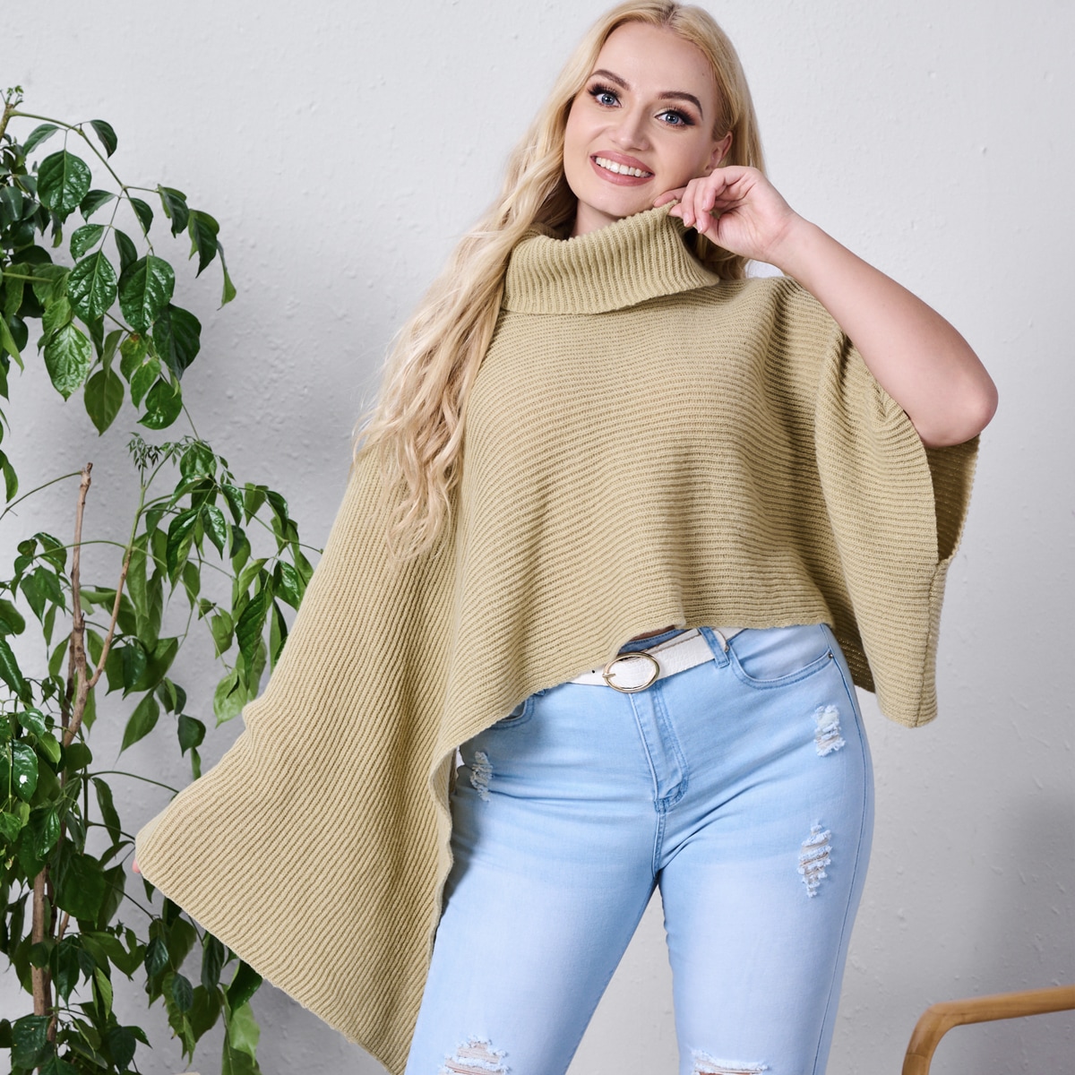 размера плюс Пончо с высоким воротником с рукавами "летучая мышь" асимметричный вязаный