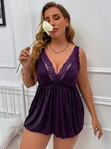 大碼蕾絲邊附丁字褲洋裝 - 紫羅蘭色 - 查看 3