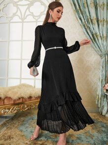 Vestido de lunares ribete fruncido bajo con fruncido - Negro - Ver 6