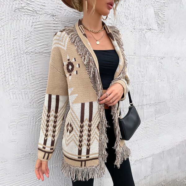 

Geo Pattern Drop Shoulder Fringe Trim Cardigan, Multicolor