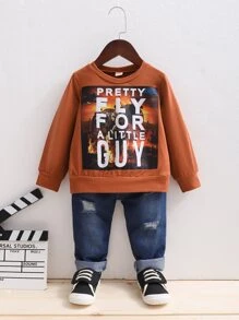 SHEIN Young Boy Slogan And Fire Print Pullover & Elastic Waist Ripped Frayed Jeans - Multicolor - View 1
