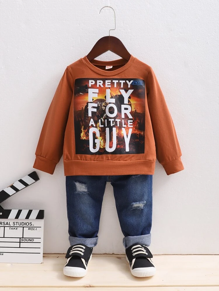 Young Boy Slogan And Fire Print Pullover & Elastic Waist Ripped Frayed Jeans
