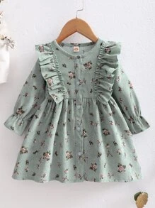 SHEIN Vintaside Kids Baby Girl Floral Print Ruffle Trim Flounce Sleeve Corduroy Dress - Mint Green - View 1