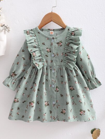 SHEIN Vintaside Kids 嬰兒印花荷葉邊荷葉袖燈芯絨連衣裙