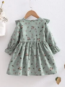SHEIN Vintaside Kids Baby Girl Floral Print Ruffle Trim Flounce Sleeve Corduroy Dress - Mint Green - View 2