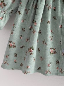 SHEIN Vintaside Kids Baby Girl Floral Print Ruffle Trim Flounce Sleeve Corduroy Dress - Mint Green - View 4