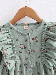 SHEIN Vintaside Kids Baby Girl Floral Print Ruffle Trim Flounce Sleeve Corduroy Dress - Mint Green - View 5