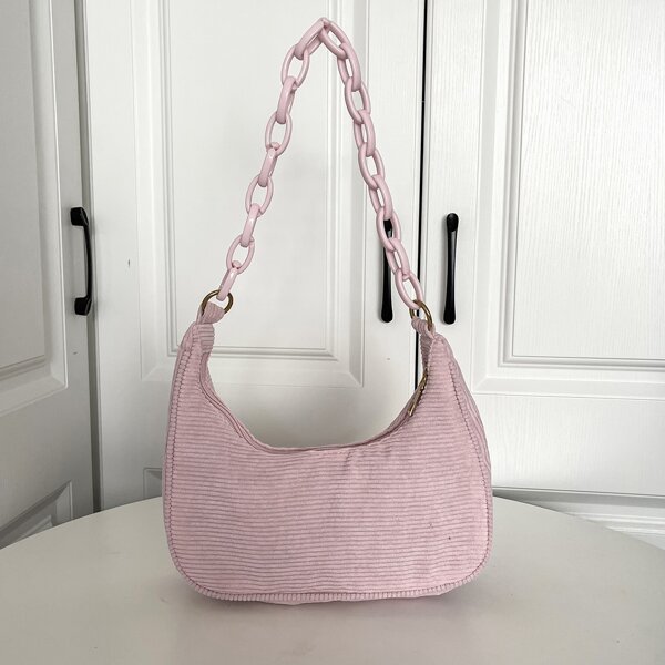 

Minimalist Corduroy Chain Baguette Bag, Pink