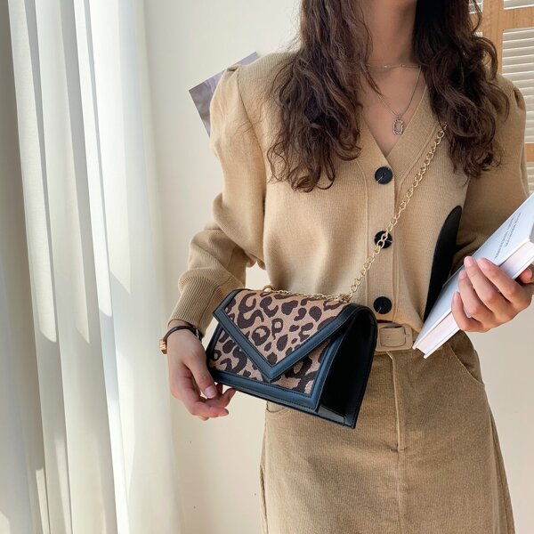 

Leopard Pattern Chain Square Bag, Multicolor