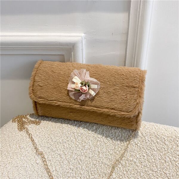 

Floral Decor Fluffy Chain Square Bag, Khaki