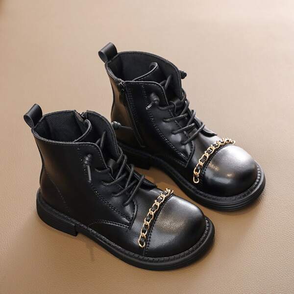 

Girls Solid Chain Decor Side Zipper Combat Boots, Black