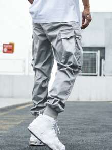 Manfinity EMRG Men Letter Graphic Flap Pocket Drawstring Waist Cargo Trousers - Grey - View 2