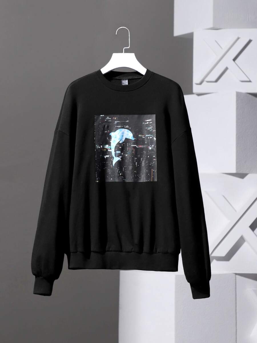 Toby Blessing Dolphin Print Drop Shoulder Sweatshirt - Black - View 1