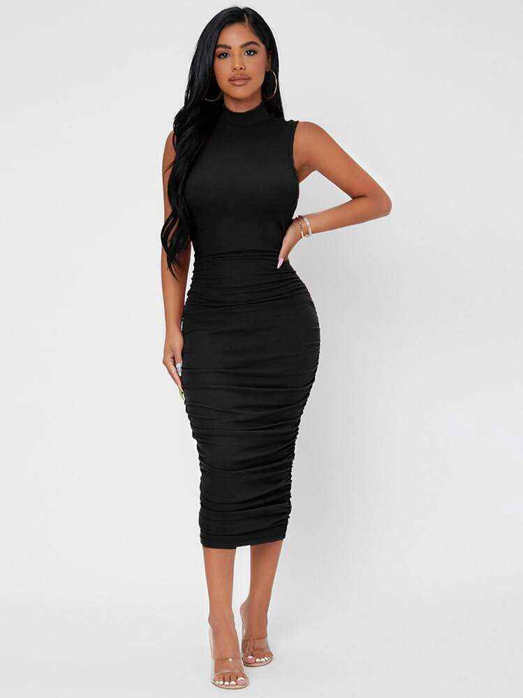 SHEIN PETITE Mock Neck Ruched Bodycon Dress - Black - View 1