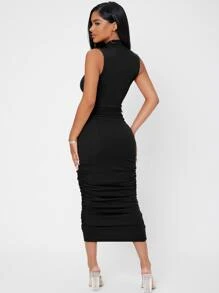 SHEIN PETITE Mock Neck Ruched Bodycon Dress ,Petite Women - Black - View 2
