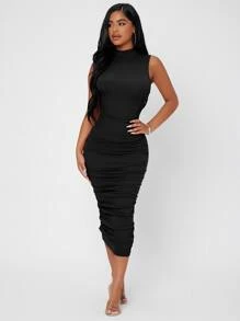 SHEIN PETITE Mock Neck Ruched Bodycon Dress ,Petite Women - Black - View 3