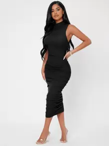 SHEIN PETITE Mock Neck Ruched Bodycon Dress ,Petite Women - Black - View 5