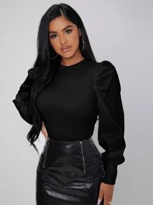 SHEIN PETITE 净色圆领灯笼袖上衣