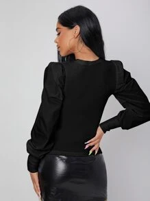 SHEIN PETITE 净色圆领灯笼袖上衣