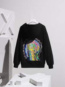 SuzetteVidaArtworks Figure and Letter Print Drop Shoulder Pullover - Black - View 2