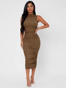 SHEIN PETITE Mock Neck Ruched Bodycon Dress - Camel - View 1