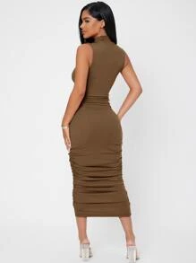 SHEIN PETITE Mock Neck Ruched Bodycon Dress - Camel - View 2