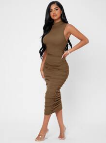 SHEIN PETITE Mock Neck Ruched Bodycon Dress - Camel - View 3