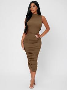 SHEIN PETITE Mock Neck Ruched Bodycon Dress - Camel - View 4