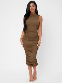 SHEIN PETITE Mock Neck Ruched Bodycon Dress - Camel - View 5